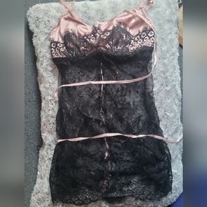 Babygirl pink satin and black butterfly lace, silk lace up back chemise